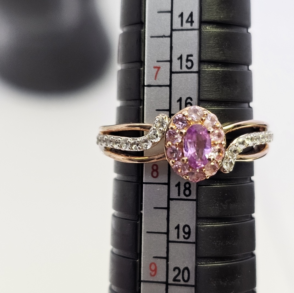 Natural Pink Sapphire & White Zircon Halo Ring in 14k Rose Gold/925 Size 7.5! - Picture 8 of 9